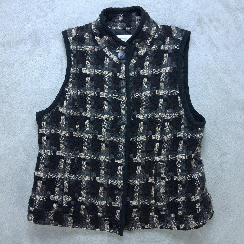 Christopher & Banks Chunky Knit Sweater Vest Button Front Black Brown Womens M